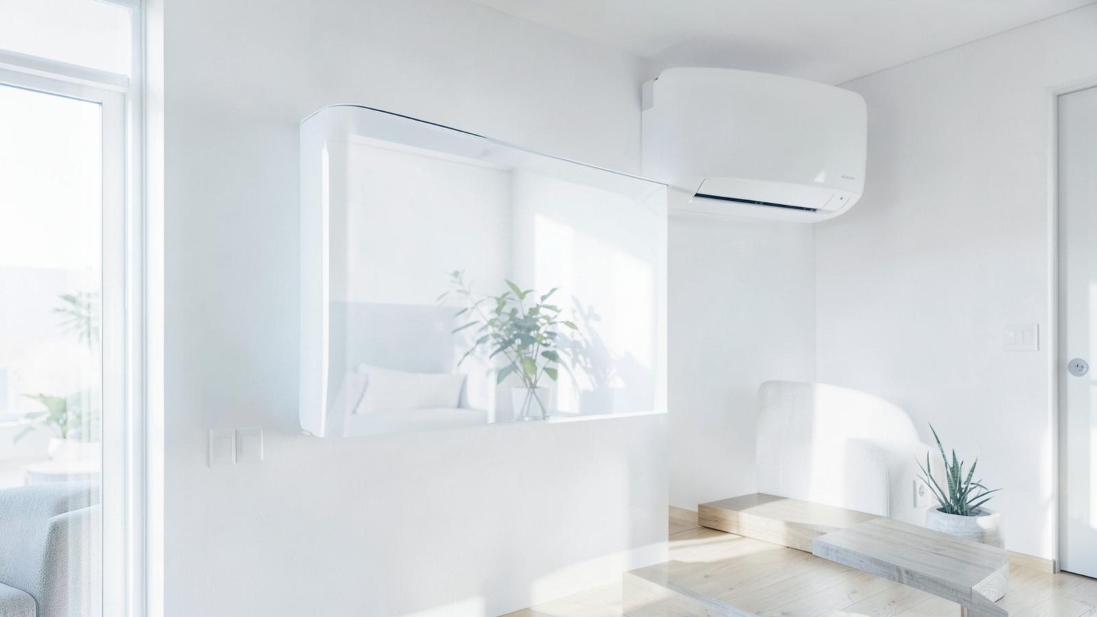A wall-mounted air conditioning unit in a bright living room