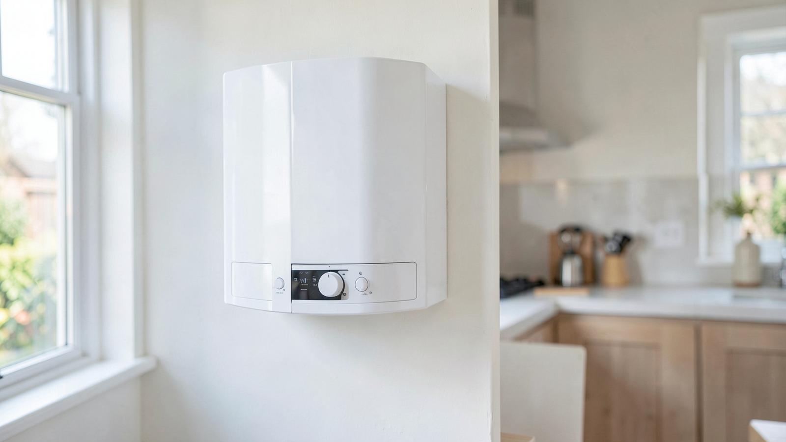 A modern condensing boiler mounted on a kitchen wall