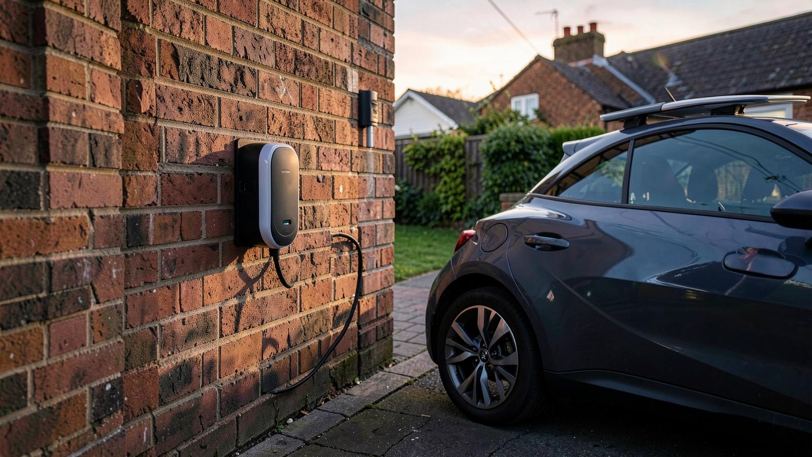 An electric car charging from a home charger on a driveway