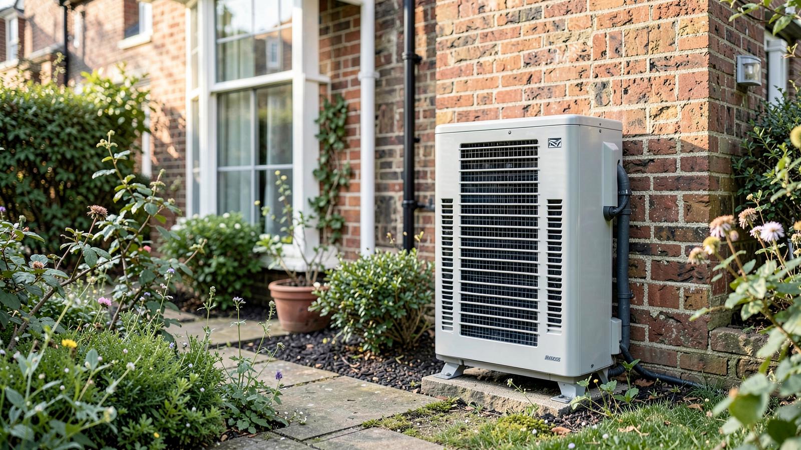 An air source heat pump installed beside a brick home