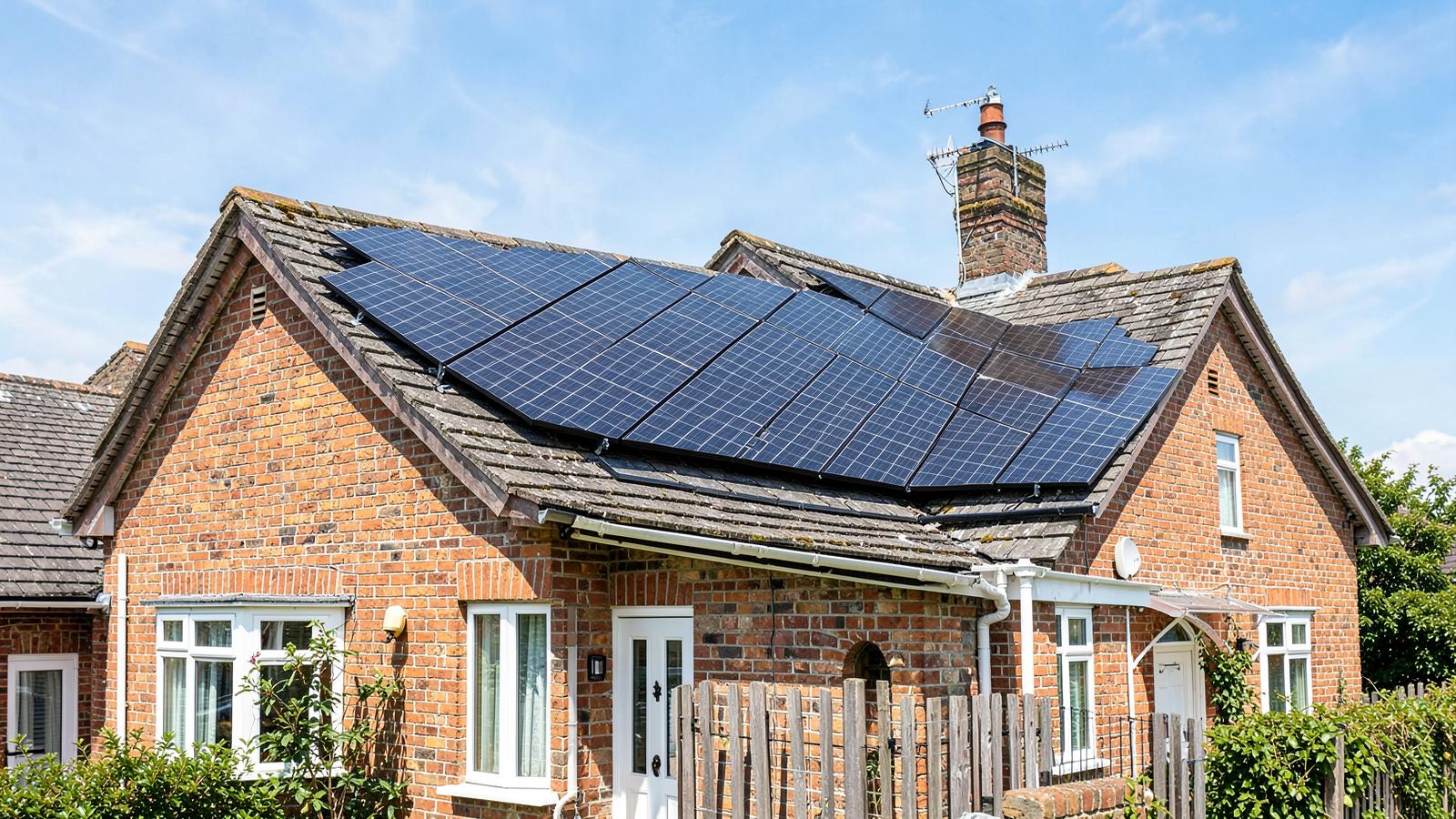 Solar panels on the roof of a brick house on a sunny day